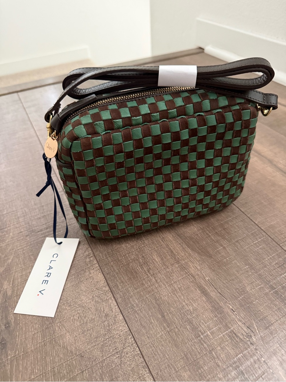Clare V Brown and Green Woven Checkerboard Crossbody - Picture 3 of 8